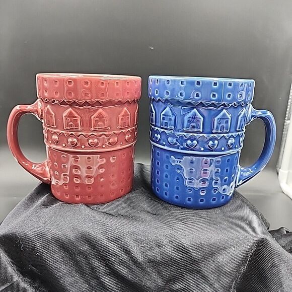 At Home International Heart House mugs Set of 2 Cranberry & Cobalt Blue 12-14 oz - Picture 1 of 9